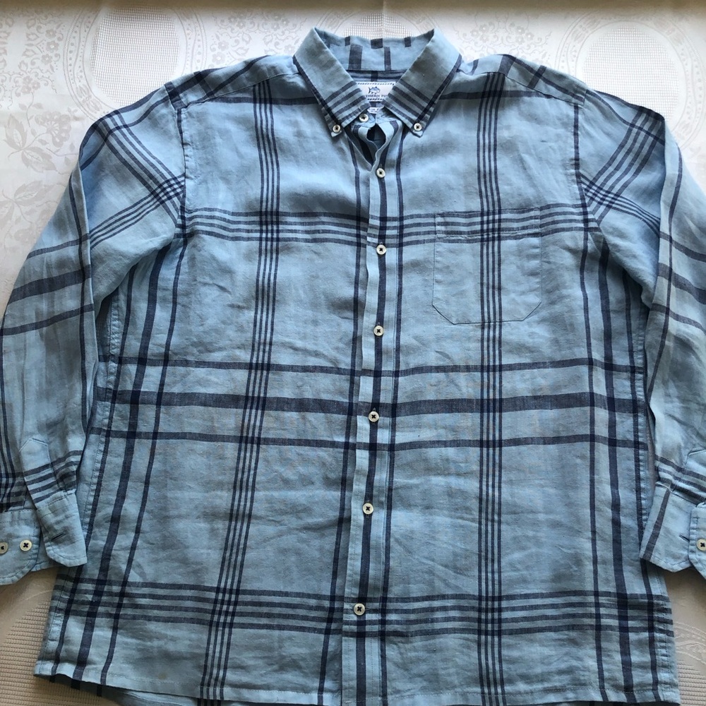 Southern Tide Blue Plaid Button-Down Shirt Trim-Fit Men’s Size L 100% Linen Top